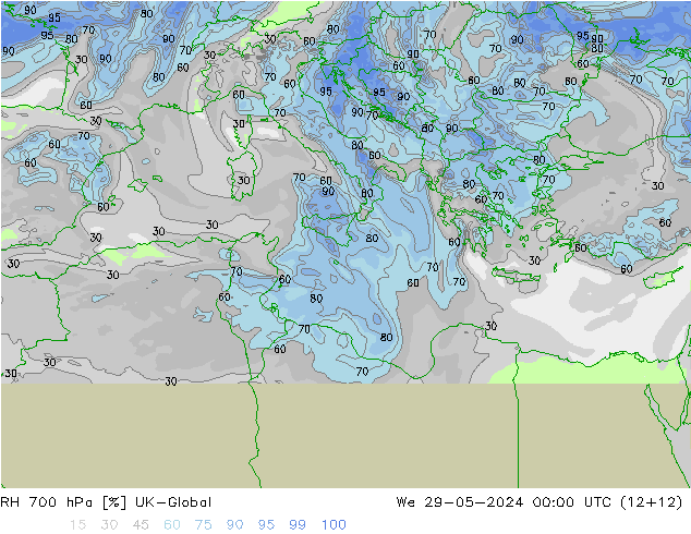 RH 700 hPa UK-Global mer 29.05.2024 00 UTC