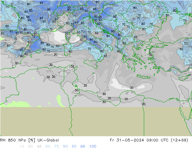 Humedad rel. 850hPa UK-Global vie 31.05.2024 09 UTC