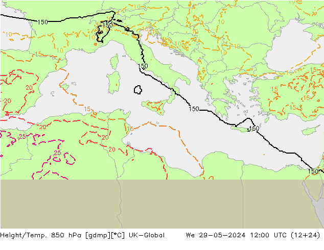 Height/Temp. 850 hPa UK-Global Qua 29.05.2024 12 UTC