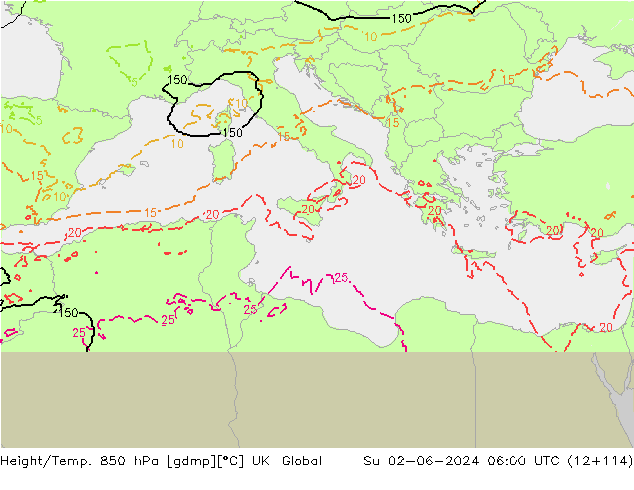 Yükseklik/Sıc. 850 hPa UK-Global Paz 02.06.2024 06 UTC
