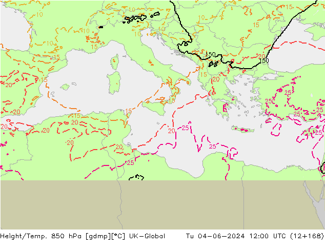 Height/Temp. 850 hPa UK-Global mar 04.06.2024 12 UTC
