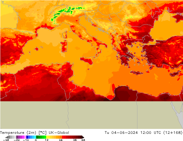 mapa temperatury (2m) UK-Global wto. 04.06.2024 12 UTC