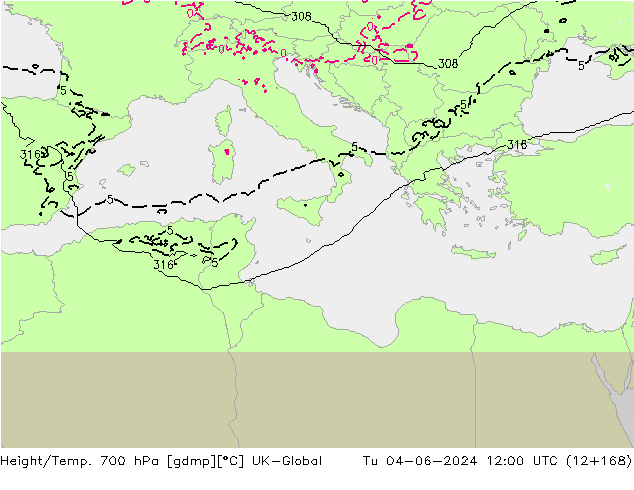 Height/Temp. 700 hPa UK-Global Ter 04.06.2024 12 UTC