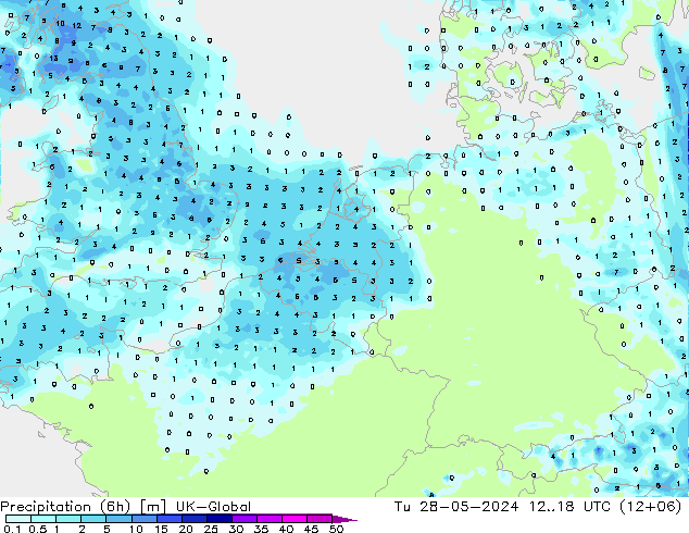 降水量 (6h) UK-Global 星期二 28.05.2024 18 UTC