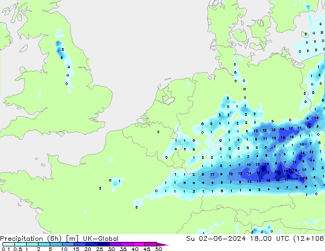 Précipitation (6h) UK-Global dim 02.06.2024 00 UTC