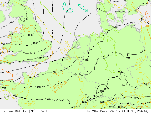 Theta-e 850hPa UK-Global 星期二 28.05.2024 15 UTC