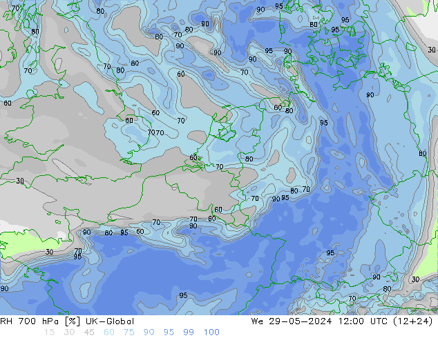 RH 700 гПа UK-Global ср 29.05.2024 12 UTC