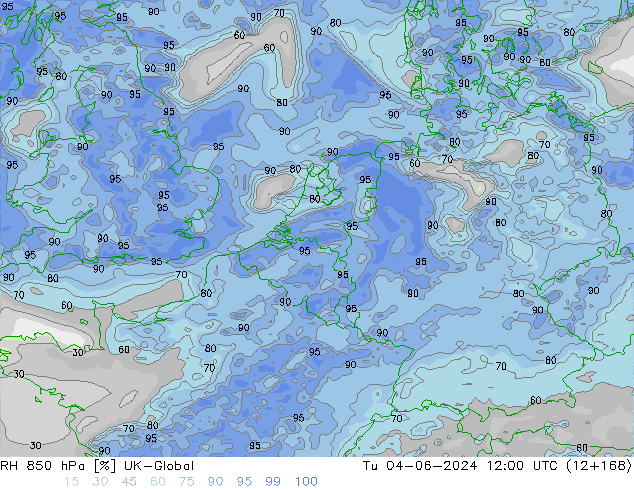 Humidité rel. 850 hPa UK-Global mar 04.06.2024 12 UTC