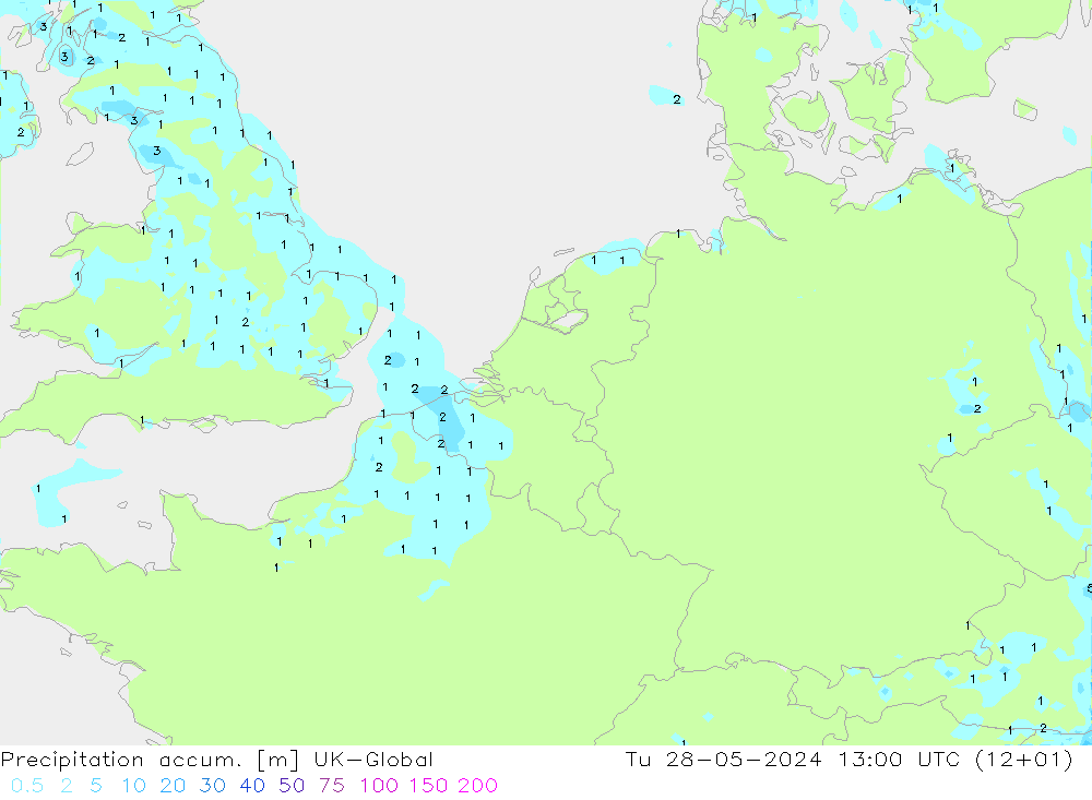 Precipitation accum. UK-Global Tu 28.05.2024 13 UTC
