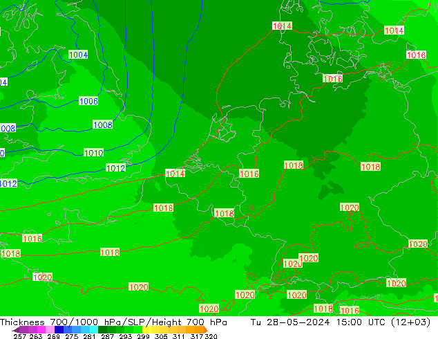 Thck 700-1000 hPa UK-Global 星期二 28.05.2024 15 UTC