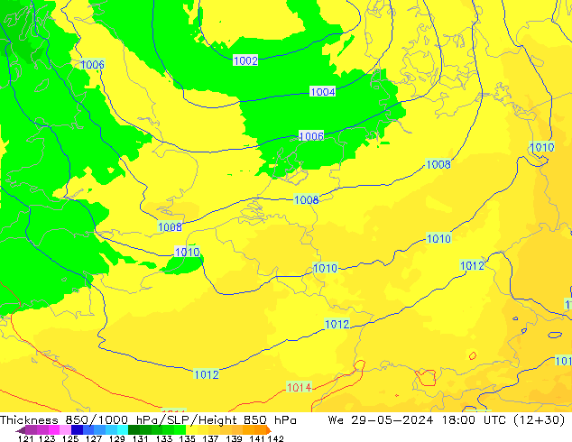 Schichtdicke 850-1000 hPa UK-Global Mi 29.05.2024 18 UTC