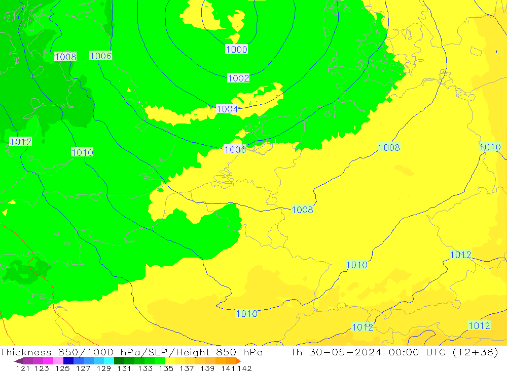 Schichtdicke 850-1000 hPa UK-Global Do 30.05.2024 00 UTC