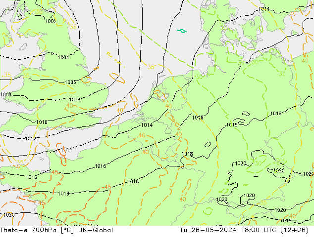 Theta-e 700hPa UK-Global Tu 28.05.2024 18 UTC