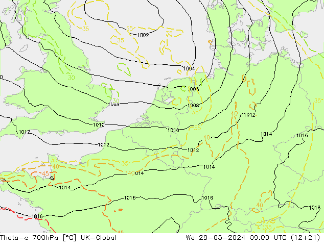 Theta-e 700hPa UK-Global wo 29.05.2024 09 UTC