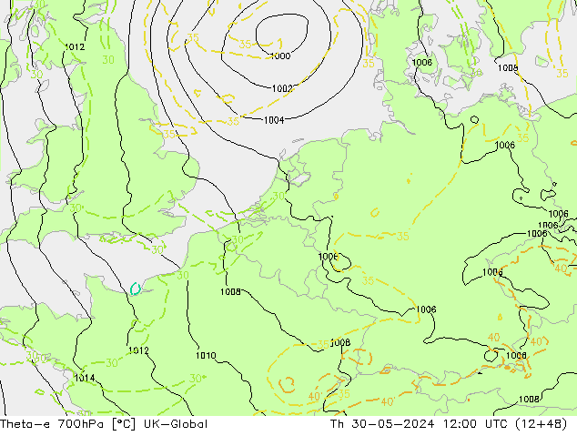 Theta-e 700hPa UK-Global Čt 30.05.2024 12 UTC