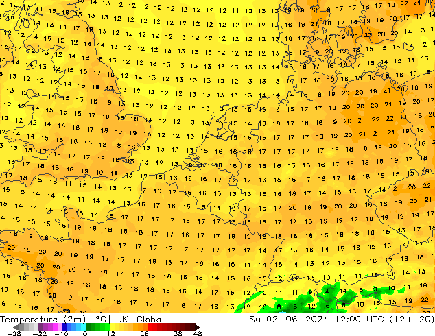 Temperatura (2m) UK-Global Dom 02.06.2024 12 UTC