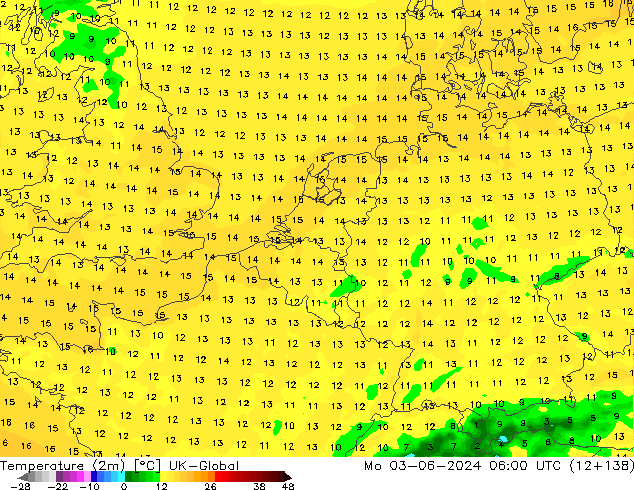 Sıcaklık Haritası (2m) UK-Global Pzt 03.06.2024 06 UTC