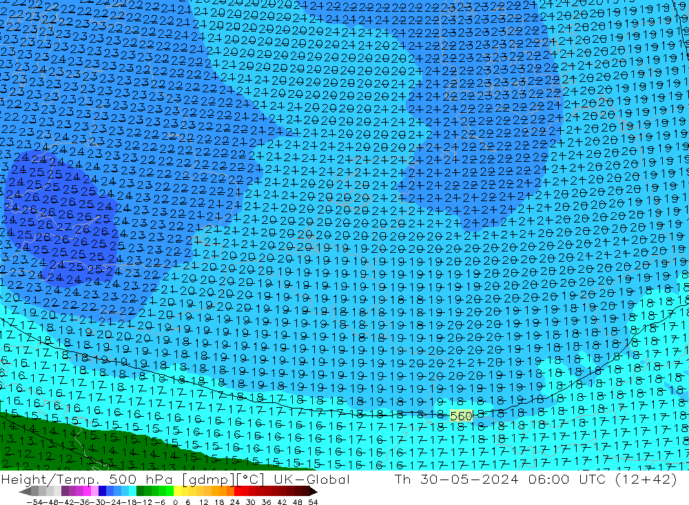 Height/Temp. 500 hPa UK-Global Th 30.05.2024 06 UTC