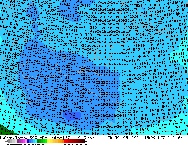 Height/Temp. 500 hPa UK-Global Th 30.05.2024 18 UTC