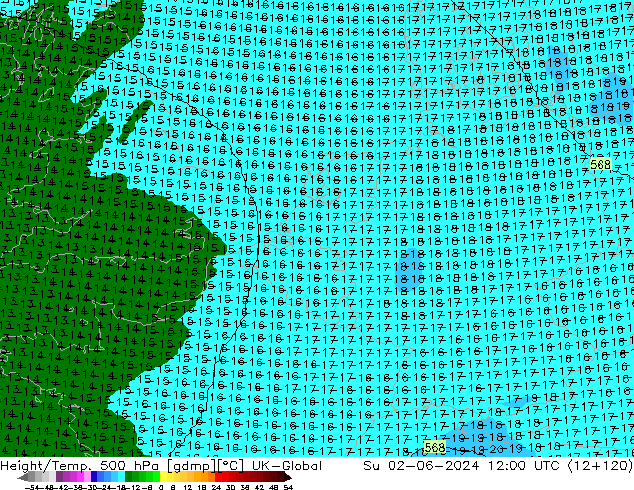 Height/Temp. 500 hPa UK-Global So 02.06.2024 12 UTC