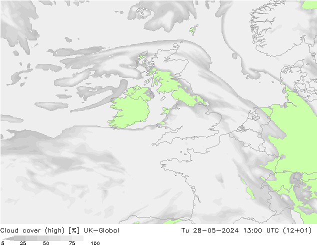 Cloud cover (high) UK-Global Tu 28.05.2024 13 UTC