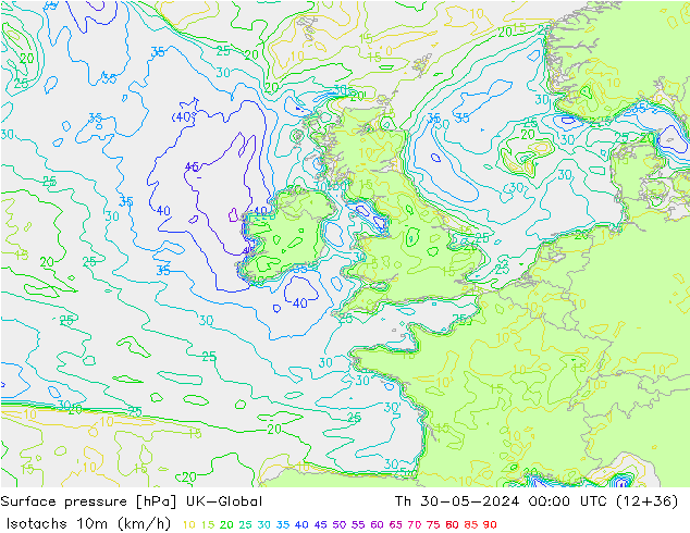 Isotachs (kph) UK-Global чт 30.05.2024 00 UTC