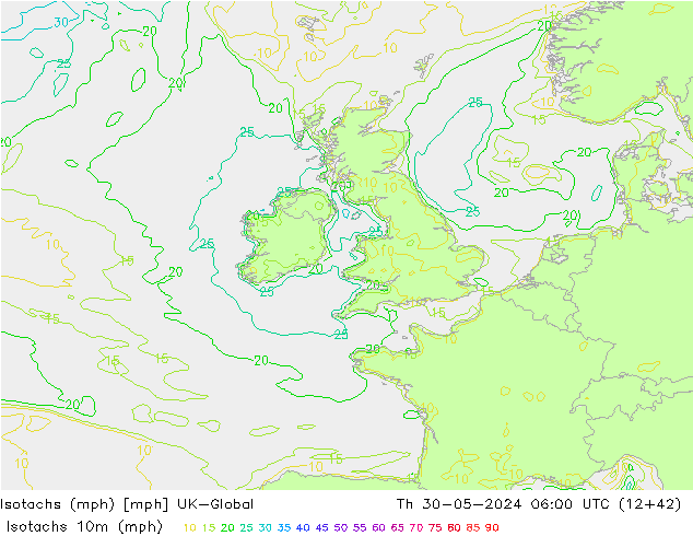 Izotacha (mph) UK-Global czw. 30.05.2024 06 UTC