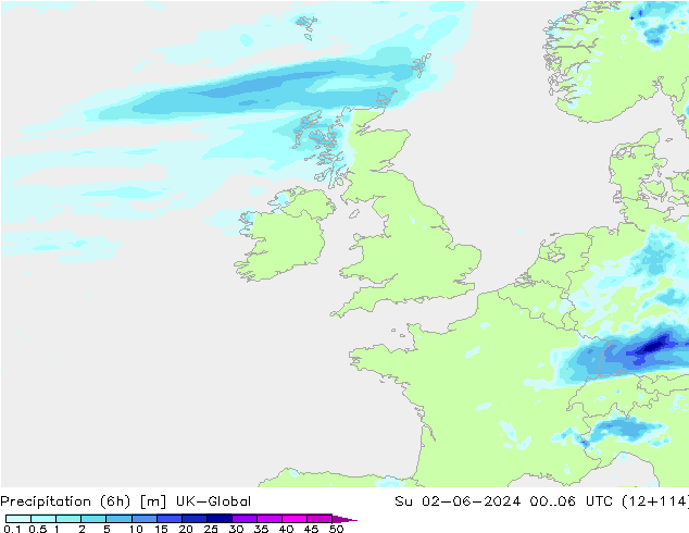 Precipitation (6h) UK-Global Su 02.06.2024 06 UTC