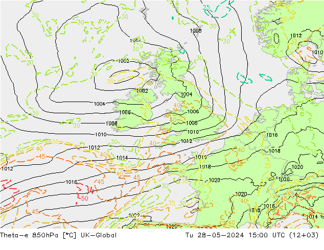 Theta-e 850hPa UK-Global mar 28.05.2024 15 UTC