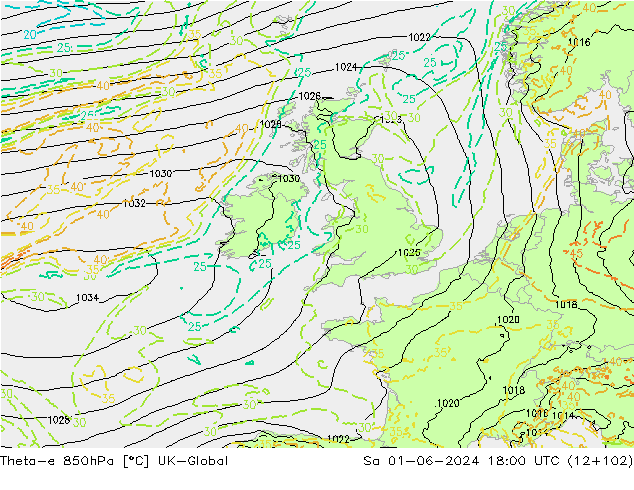 Theta-e 850hPa UK-Global sam 01.06.2024 18 UTC