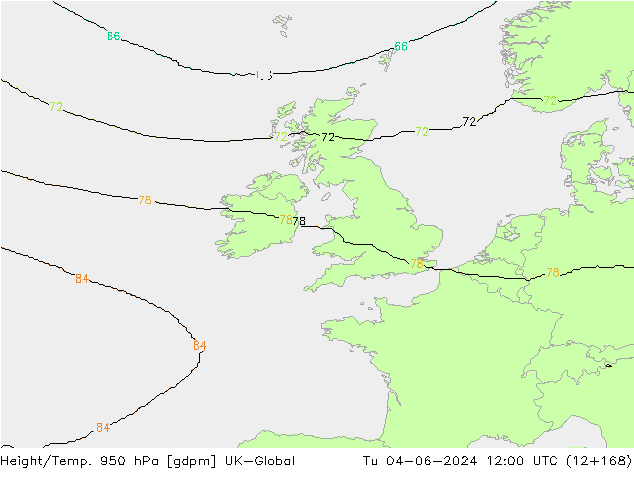 Height/Temp. 950 hPa UK-Global Tu 04.06.2024 12 UTC