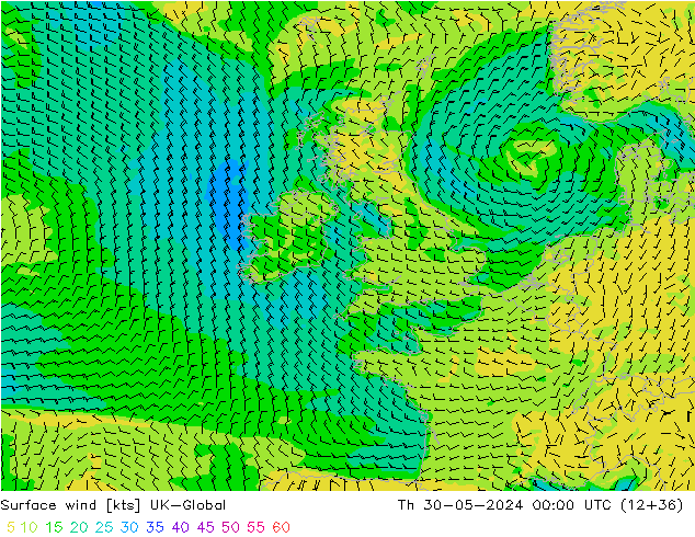 Surface wind UK-Global Čt 30.05.2024 00 UTC