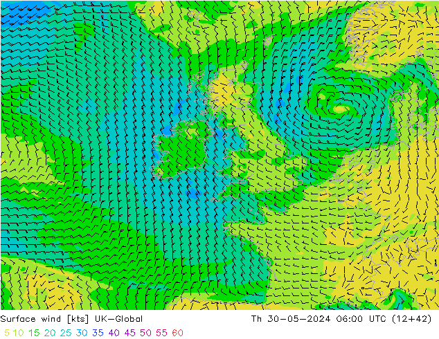 Surface wind UK-Global Th 30.05.2024 06 UTC