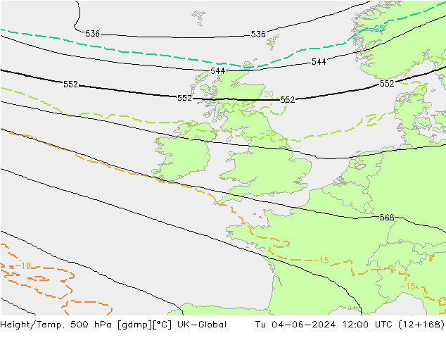 Height/Temp. 500 hPa UK-Global Tu 04.06.2024 12 UTC