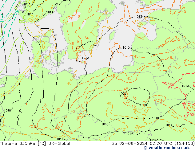 Theta-e 850hPa UK-Global Su 02.06.2024 00 UTC