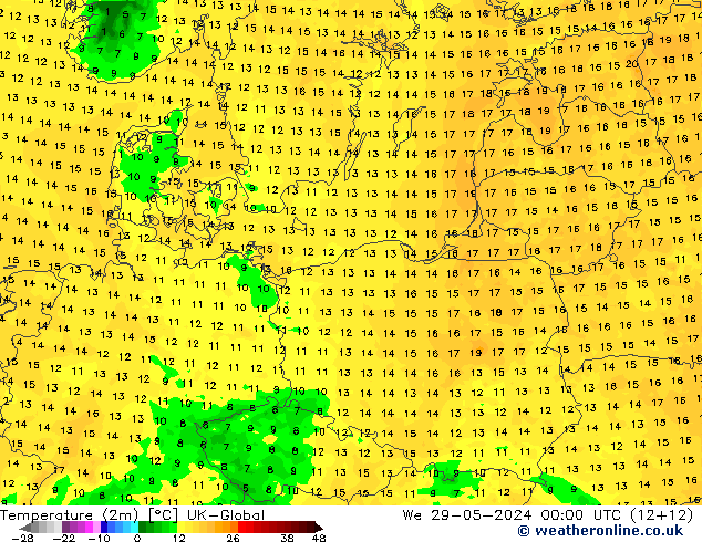 Temperatuurkaart (2m) UK-Global wo 29.05.2024 00 UTC