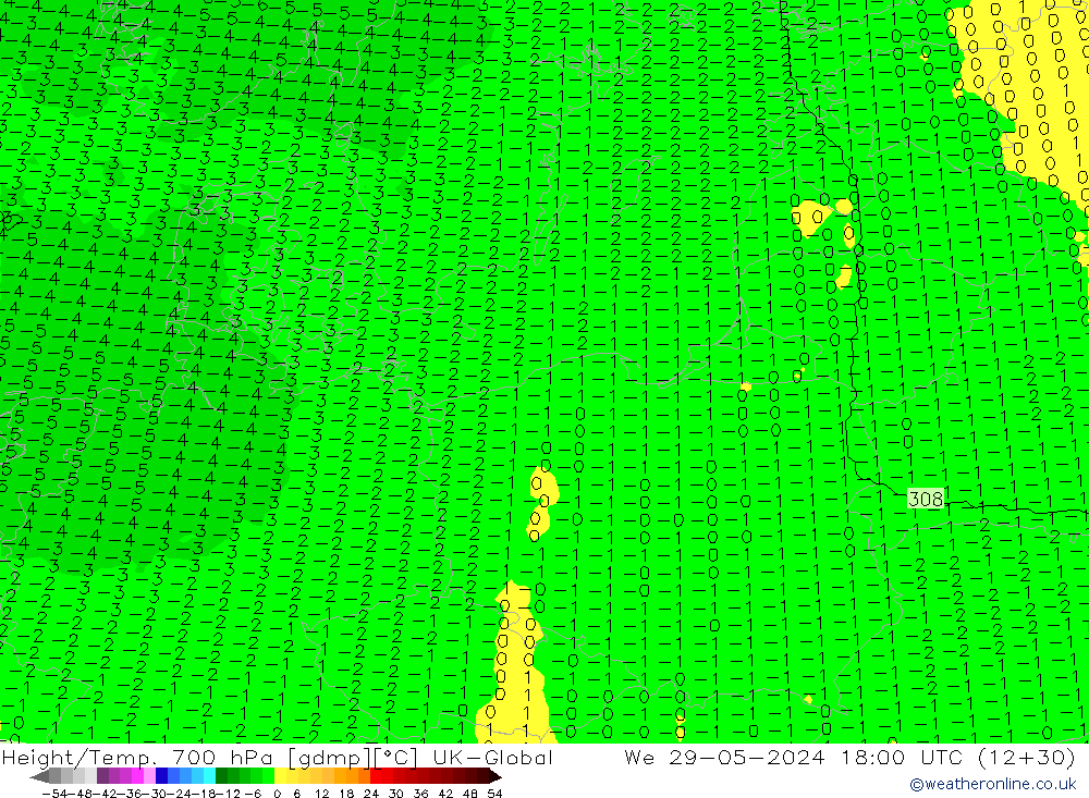 Géop./Temp. 700 hPa UK-Global mer 29.05.2024 18 UTC