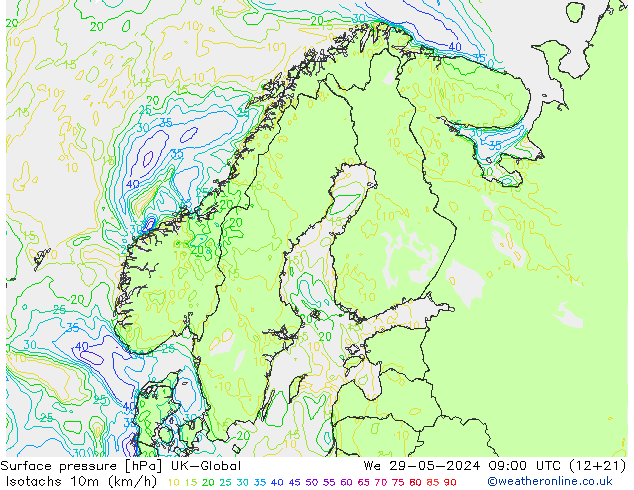 Isotachs (kph) UK-Global mer 29.05.2024 09 UTC