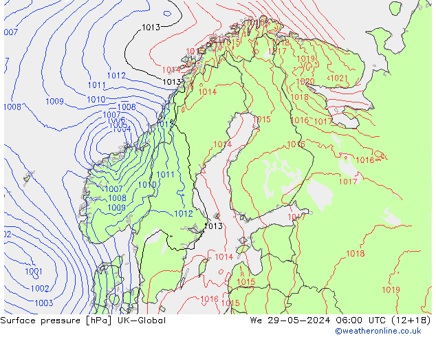 Pressione al suolo UK-Global mer 29.05.2024 06 UTC