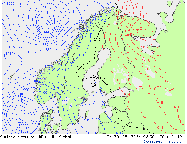 Surface pressure UK-Global Th 30.05.2024 06 UTC