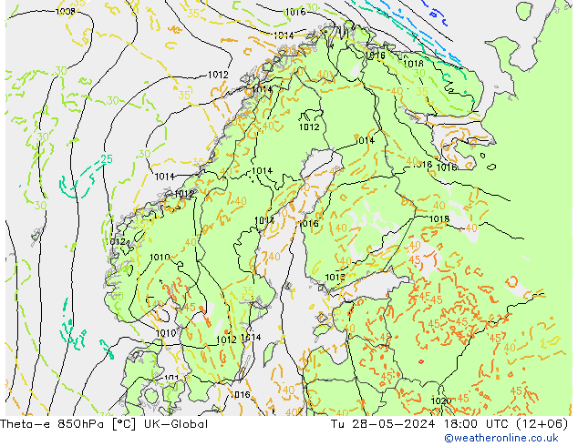 Theta-e 850hPa UK-Global Sa 28.05.2024 18 UTC