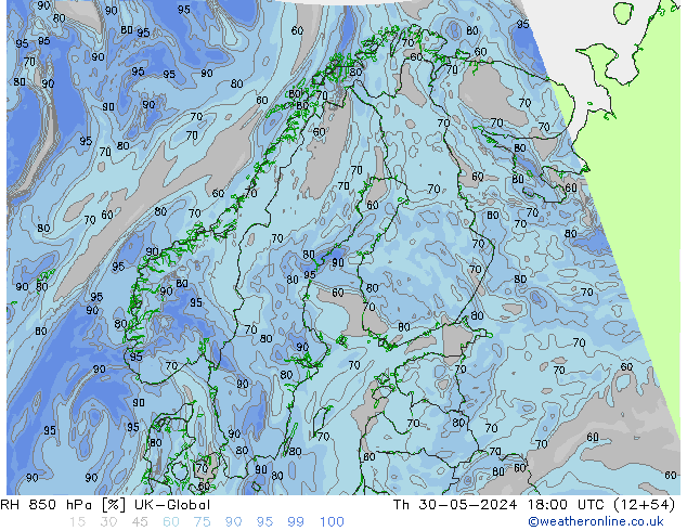 RH 850 hPa UK-Global Th 30.05.2024 18 UTC