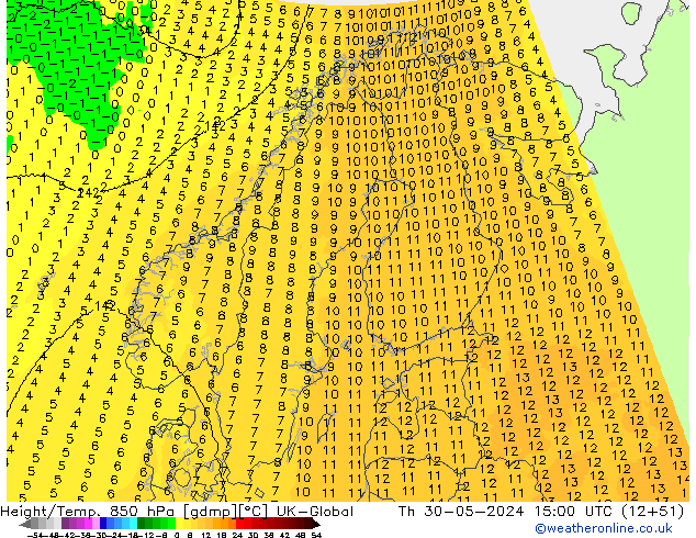 Yükseklik/Sıc. 850 hPa UK-Global Per 30.05.2024 15 UTC