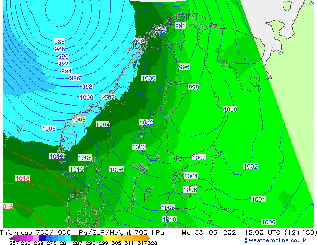 Thck 700-1000 hPa UK-Global lun 03.06.2024 18 UTC