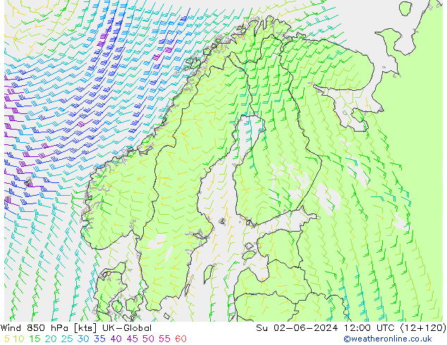 Wind 850 hPa UK-Global Ne 02.06.2024 12 UTC