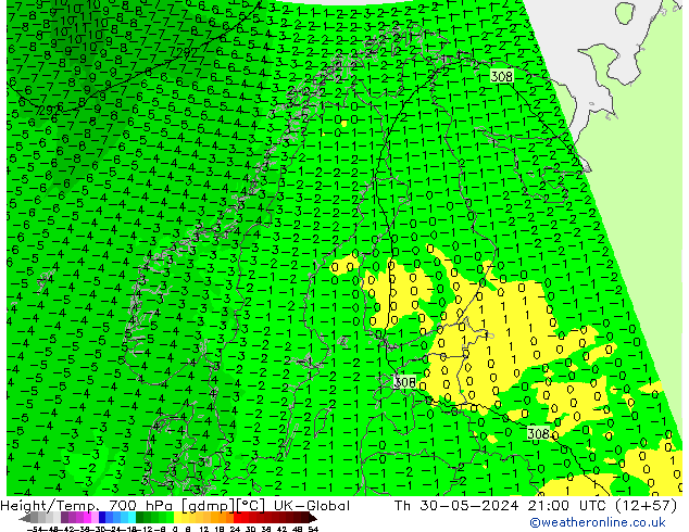 Height/Temp. 700 hPa UK-Global Qui 30.05.2024 21 UTC