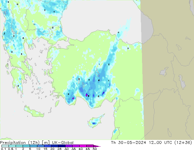 Precipitation (12h) UK-Global Th 30.05.2024 00 UTC