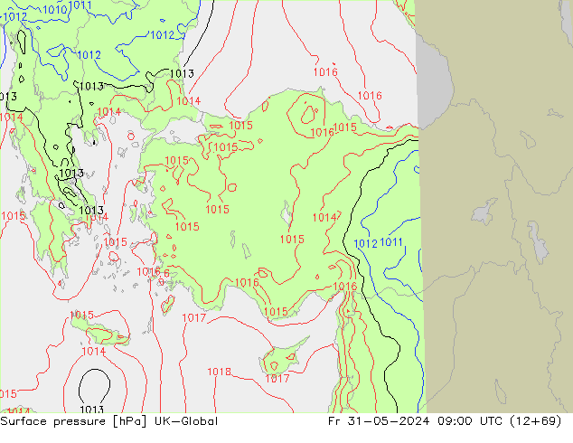 Atmosférický tlak UK-Global Pá 31.05.2024 09 UTC