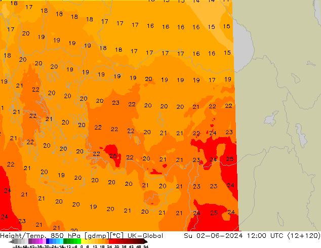 Height/Temp. 850 hPa UK-Global Su 02.06.2024 12 UTC