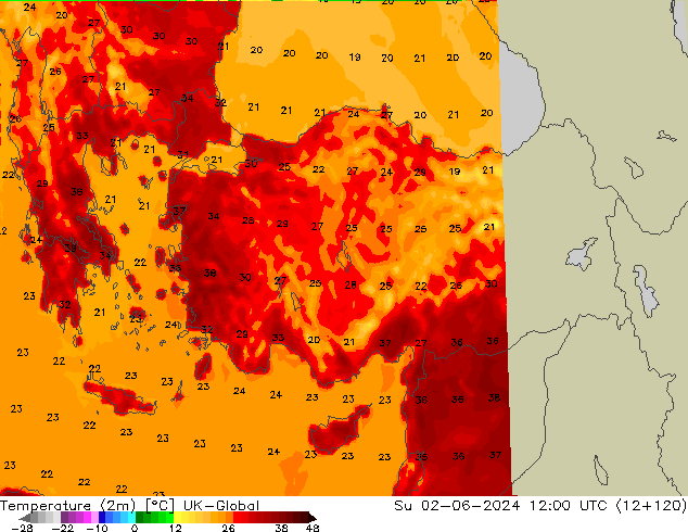 Temperature (2m) UK-Global Su 02.06.2024 12 UTC